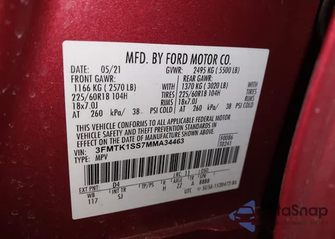 2021 Ford Mustang Mach-E Select z USA, uszkodzony, nr VIN 3FMTK1SS7MMA34463